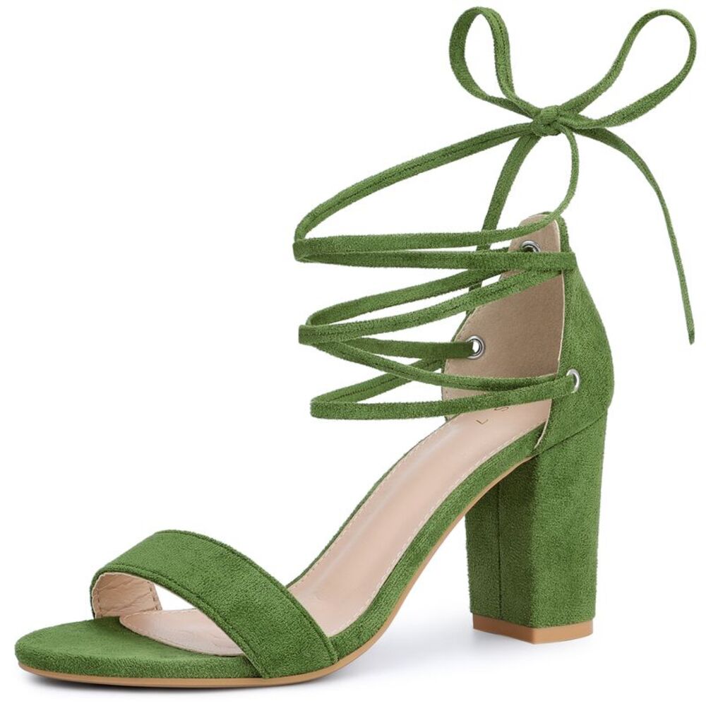 Tie Up Heels Strappy Sandals Chunky High Heel Sandals Olive Green